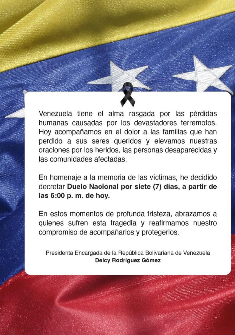 LuzMelyReyes's tweet photo. Siete días de duelo nacional, siete días después de los terremotos. Inicia esta tarde a las 6 PM Hora Venezuela. https://t.co/HB4DyqQmYF
