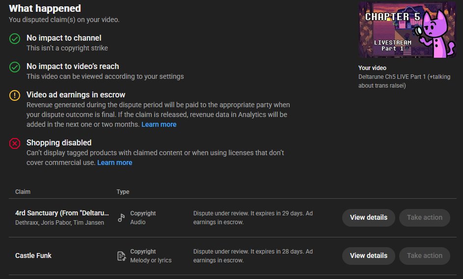 chattercat33's tweet photo. i keep getting copyright claims on my deltarune ch5 livestream, one by @MateriaMusicPub that was luckily released as soon as i disputed it, but idk what to do about these other seemingly fraudulent claims from covers/etc? would appreciate any advice @UnderTale @tobyfox https://t.co/1rtGIKacFj