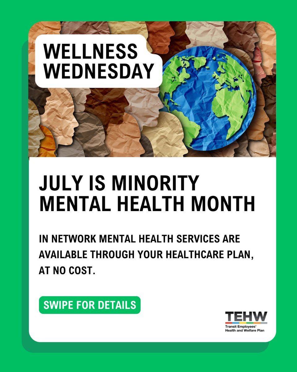 TEHWOfficial's tweet photo. July is #MinorityMentalHealthMonth💚

Mental health is health. 

If you or a loved one needs support, your TEHW health benefits include access to behavioral health services, counseling, therapy, and other mental health resources through your health plan. https://t.co/iP4ewfxsIE