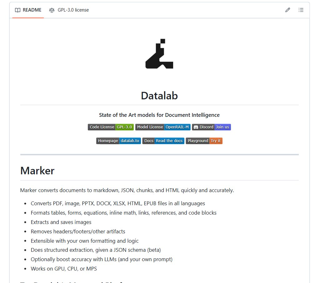 precisox's tweet photo. Abrieron el código de una de las herramientas más rápidas y precisas para convertir documentos a Markdown

Se llama Marker, creada por Datalab, y es 100% open source.

Convierte PDFs y muchos otros formatos a markdown limpio y estructurado a velocidades brutales: hasta 122 páginas por segundo en modo batch con GPU H100 ejecutando varios procesos en paralelo.

Qué soporta?
- PDFs, DOCX, PPTX, XLSX, EPUB e incluso imágenes
- Tablas complejas, ecuaciones matemáticas (inline y display), formularios y código
- Extracción de imágenes y eliminación automática de encabezados, pies de página y artefactos
- OCR de alta calidad para todos los idiomas

Funciona perfectamente en *GPU, CPU o Apple Silicon Mac. Además, puedes activar un modo híbrido con LLMs como Gemini, Claude u Ollama para mejorar aún más la precisión en tablas y estructuras complicadas.

Por qué destaca?
Supera en velocidad y calidad a herramientas como Llamaparse, Mathpix y Docling en los benchmarks. 

Es extremadamente útil para procesar grandes volúmenes de documentos, papers científicos, reportes financieros, libros, presentaciones, etc.

Actualmente tiene más de 36.9k estrellas en GitHub y sigue creciendo rápido.

Repositorio oficial en comentarios, recomendado 📄