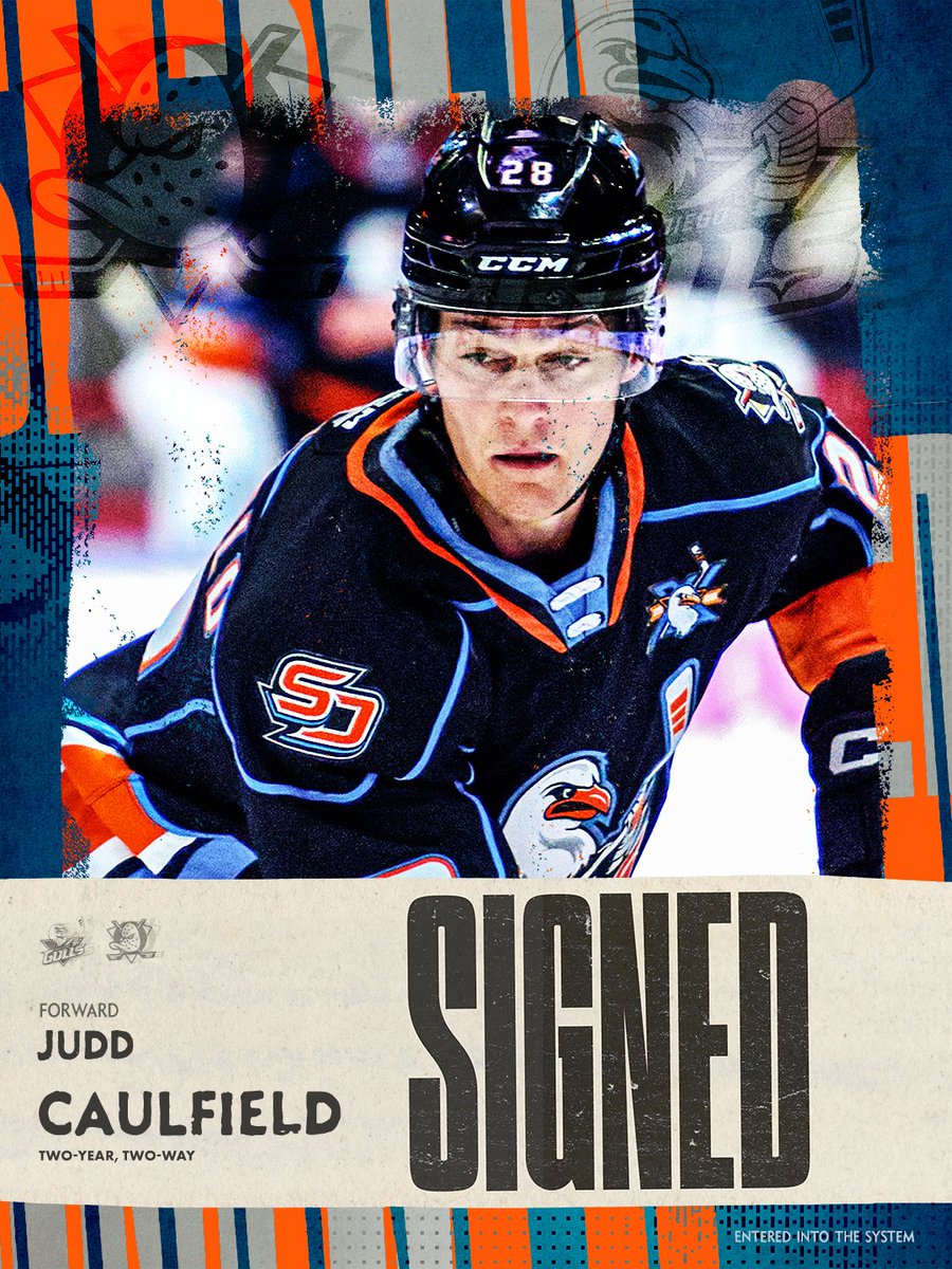 SDGullsAHL's tweet photo. The Anaheim Ducks have announced the following signings:

Judd Caulfield is staying in SoCal! He inked a two-year, two-way contract though the 2027-28 season. https://t.co/qG5FcBf9yD
