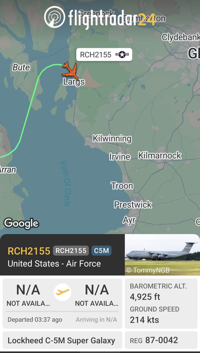 BloodyPolitics's tweet photo. Something wicked this way comes. Again. That's 2 x USAF C5 Super Galaxy beasts on the ground at Prestwick today. Looks like this one is taking the scenic route. 😂
#RCH2155 86-0042 https://t.co/XZTGkS4oCK https://t.co/q1mNjUITZc