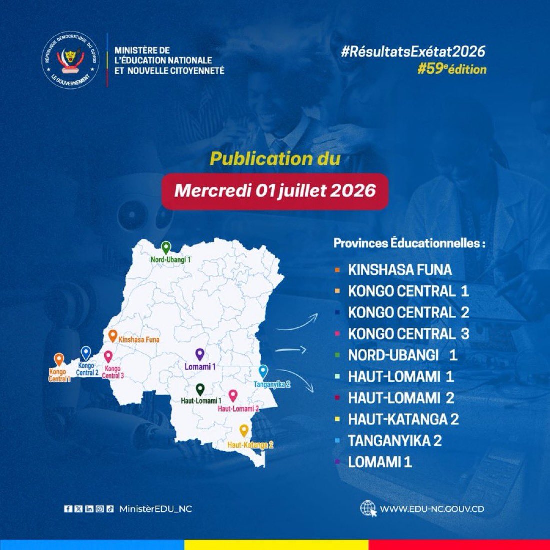 nakelasi's tweet photo. #exerat2026| Publication ce mercredi 1er Juillet des résultats de  provinces: Kinshasa/Funa ; Kongo-Central 1,2,3 ; Nord-ubangi 1 ; Haut-Lomami 2 ; Haut-Katanga 2 ; Tanganyika 2 et Lomami 1. https://t.co/u5knasrHgG