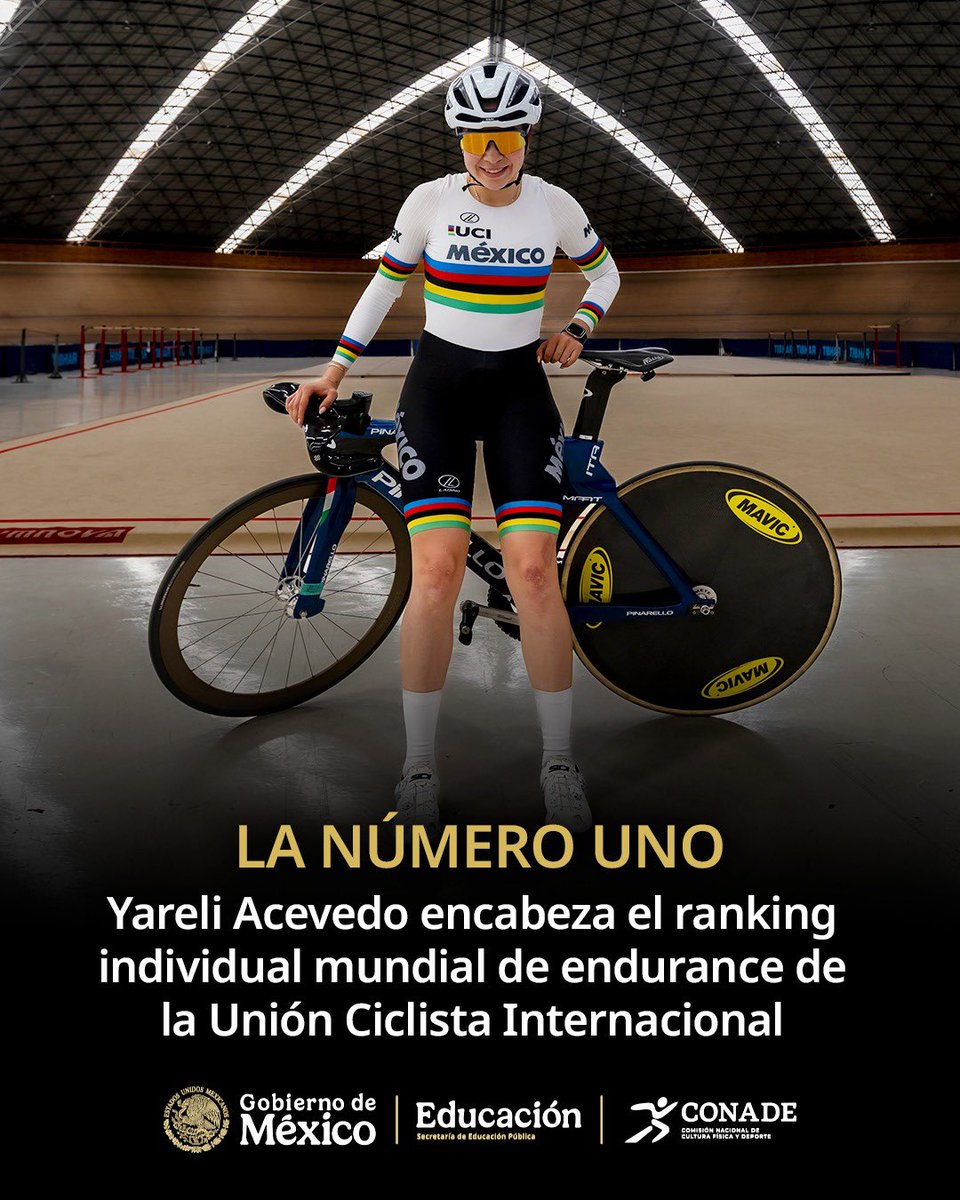 conadeoficial's tweet photo. ¡En la cima del ciclismo de pista! 🇲🇽🚴‍♀️🏅

La multimedallista mundial, Yareli Acevedo, se ubica como la número uno del ranking individual mundial de endurance de la Unión Ciclista Internacional con un total de 5,563 puntos, consolidando el talento mexicano. https://t.co/jopt3DeVYc