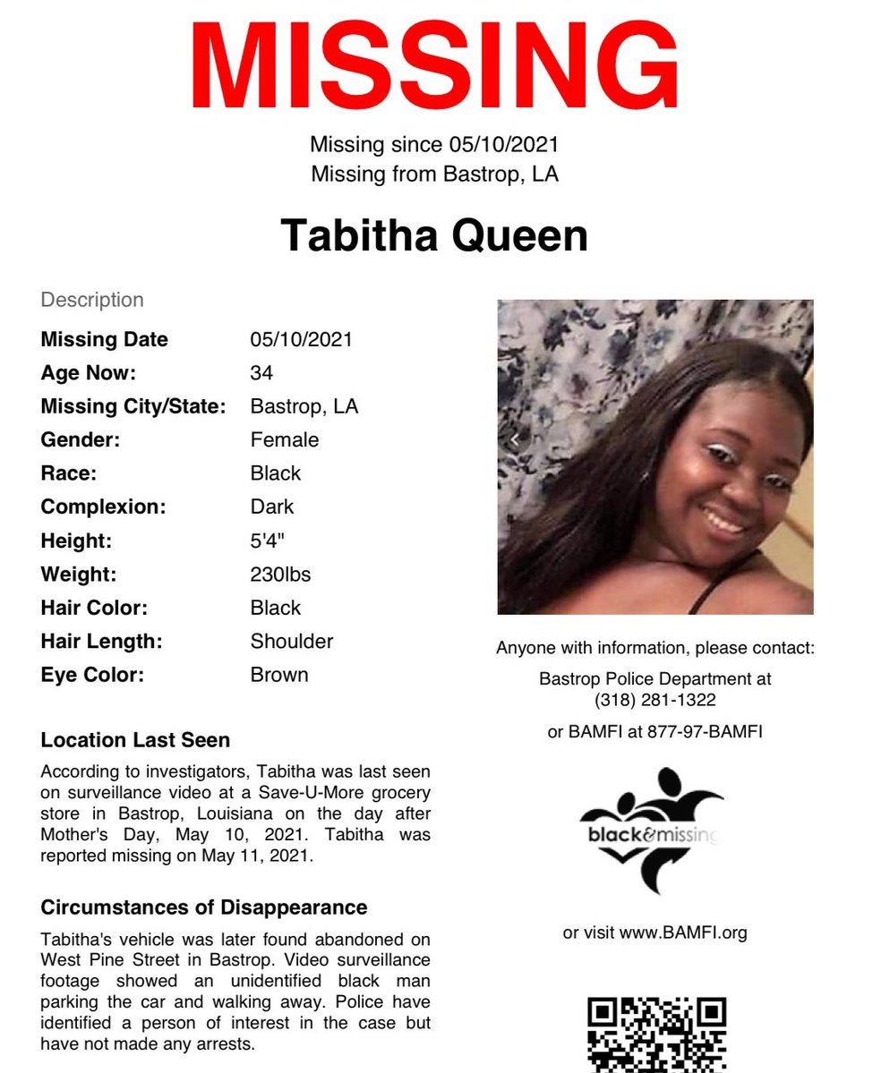 BAM_FI's tweet photo. #Bastrop, #LA: May marked 5 years since then 29y/o Tabitha was last seen on surveillance video at a Save-U-More grocery store on the day after Mother's Day, May 10, 2021; She was reported missing the next day. Her vehicle was later found abandoned on West Pine Street and video https://t.co/pvhAgeREhS