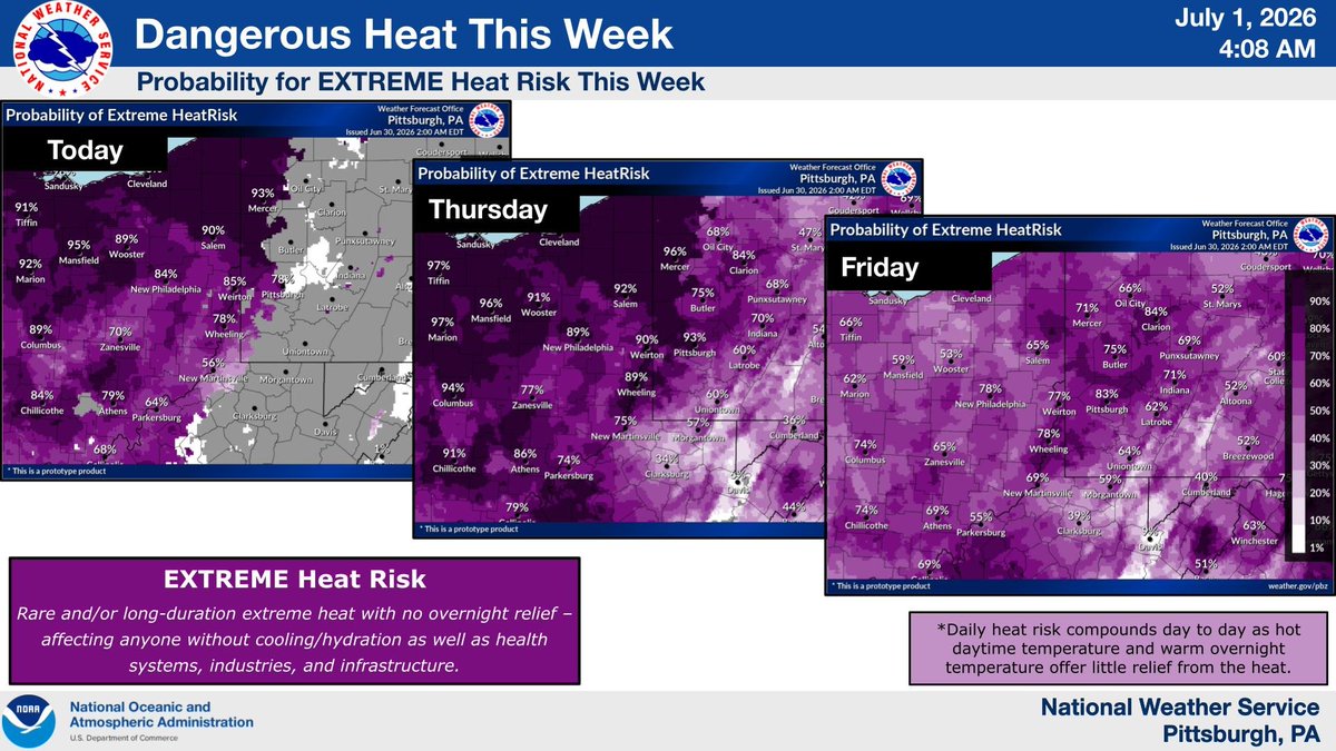 NWSPittsburgh's tweet photo. Our first heat wave of the year starts today. Dangerous heat will build through Thursday with little overnight relief. An Extreme Heat Warning for our Ohio counties and a Heat Advisory elsewhere is in effect through Friday. https://t.co/Q8XEFDxb5c