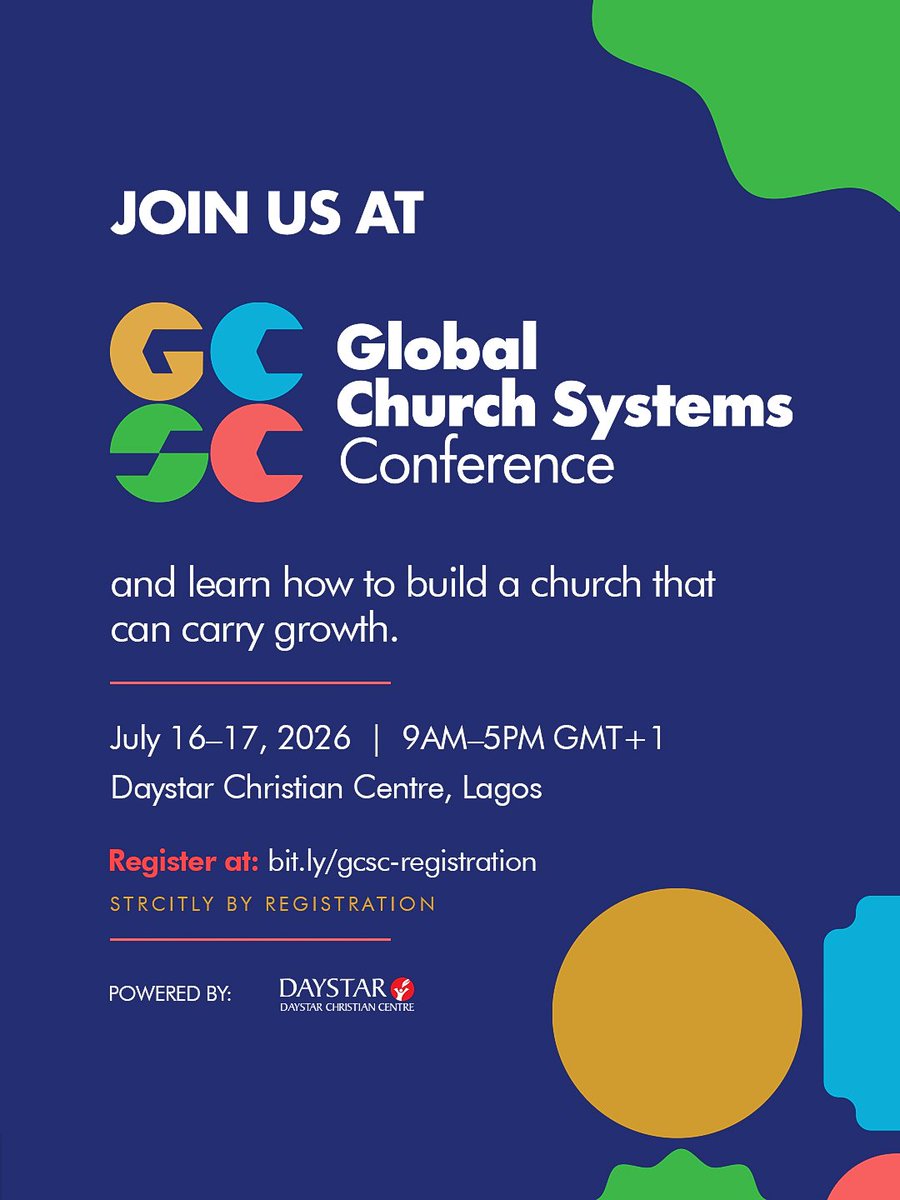 GlobalChurchSys's tweet photo. Not sure if GCSC is for you?

📅 July 16-17, 2026 | ⏰ 9AM–5PM GMT+1  
📍 Daystar Christian Centre, Lagos  
Register now: https://t.co/XZVvRxNkRI   

REGISTRATION IS COMPULSORY
In-Person only.

#GCSC2026 #GlobalChurchSystems #ChurchLeadership #PastorsOfInstagram https://t.co/GjbRgPeBxt