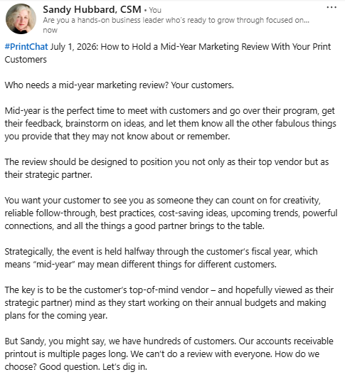 sandyhubbard's tweet photo. It's Wednesday, and you know what that means... 

#PrintChat! 

Today's topic covers how to hold Mid-Year Marketing Reviews for your print customers. 

Join us in the free chat room. We'd love to hear your thoughts! 

https://t.co/3uEdi09QuF https://t.co/o4RU9IyCTx