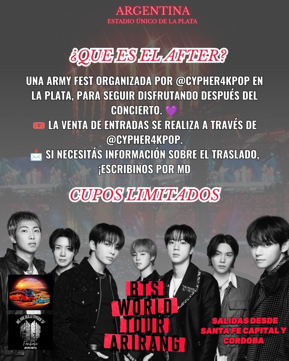 WABPSF's tweet photo. 💜 COMBO EXPERIENCIA ARMY | 24 DE OCTUBRE 💜

📩 Escribinos por MD para recibir toda la información.

🎟️ Mencionando el código APRUEBADEBALAS accedés a un descuento exclusivo.

📍 Salidas desde Córdoba Capital y Santa Fe Capital.

#bts #laplata #party #arirang https://t.co/yYVmHRznG5