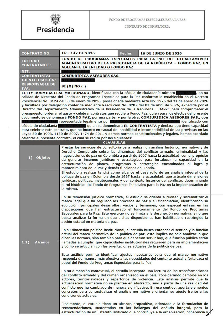 jfmurgueitio's tweet photo. Se acaba el gobierno de Petro, pero no el derroche.

En SECOP apareció un contrato del DAPRE por $502 millones para una consultoría de tres meses que volverá a estudiar el conflicto armado desde 1997 y elaborará insumos para programas y reglamentaciones de paz, cuando a este gobierno ya le queda muy poco.

¿Era esta una prioridad? Mientras Colombia enfrenta una crisis de seguridad y de salud, destinan $502 millones a volver a estudiar lo estudiado. Hay que ser muy descarado para creer que esto era lo que necesitaban los colombianos. Este contrato merece una revisión a fondo.