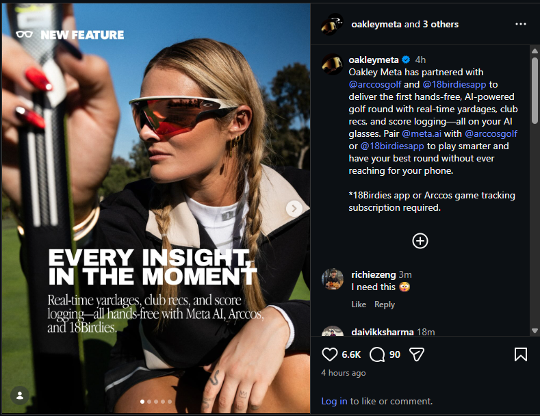 HedgeyeRetail_3's tweet photo. Oakley x Meta stacking use cases. Big fan of this one in particular. Broader space is just getting going.

$WRBY $EL.FP $META 
@HedgeyeRetail https://t.co/60xxlwuoQo