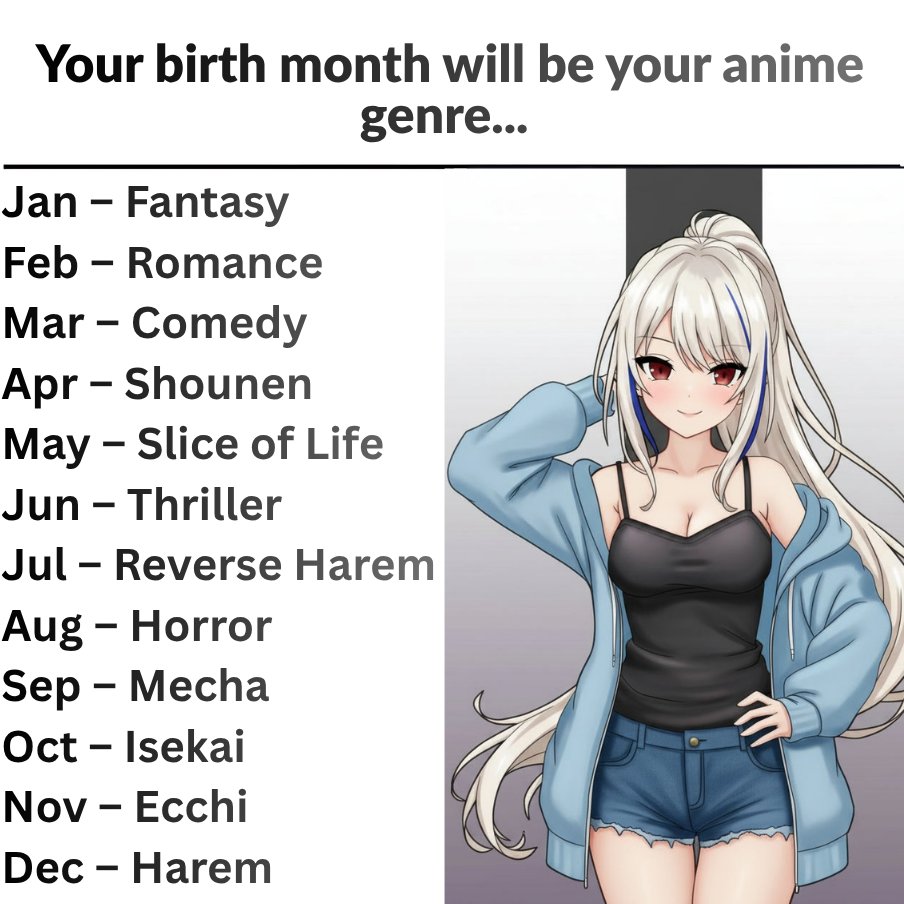 yamatuibora's tweet photo. What's your anime genre? https://t.co/BAoAT8sjqu