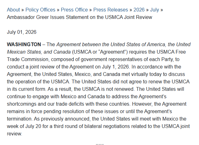 journalero's tweet photo. #EEUU 🇺🇸 no aceptó renovar el #TMEC con #México 🇲🇽 y #Canadá 🇨🇦 en su "formato actual" y aseguró que el acuerdo continuará vigente a la espera de resolver sus deficiencias o se produzca su terminación. 
https://t.co/g43MLqp8Tk https://t.co/Hbe0wuAPxo