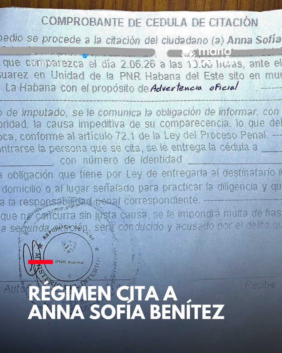 MarioJPenton's tweet photo. 🛑#URGENTE | Citan a la joven creadora de contenido Anna Sofía Benítez Silvente, conocida como Anna Bensi, a presentarse mañana en una unidad policial. Una vez más, el régimen recurre al acoso, la intimidación y el hostigamiento para silenciar a quienes alzan la voz y denuncian la realidad que viven los cubanos.

#CubaEsUnaDictadura