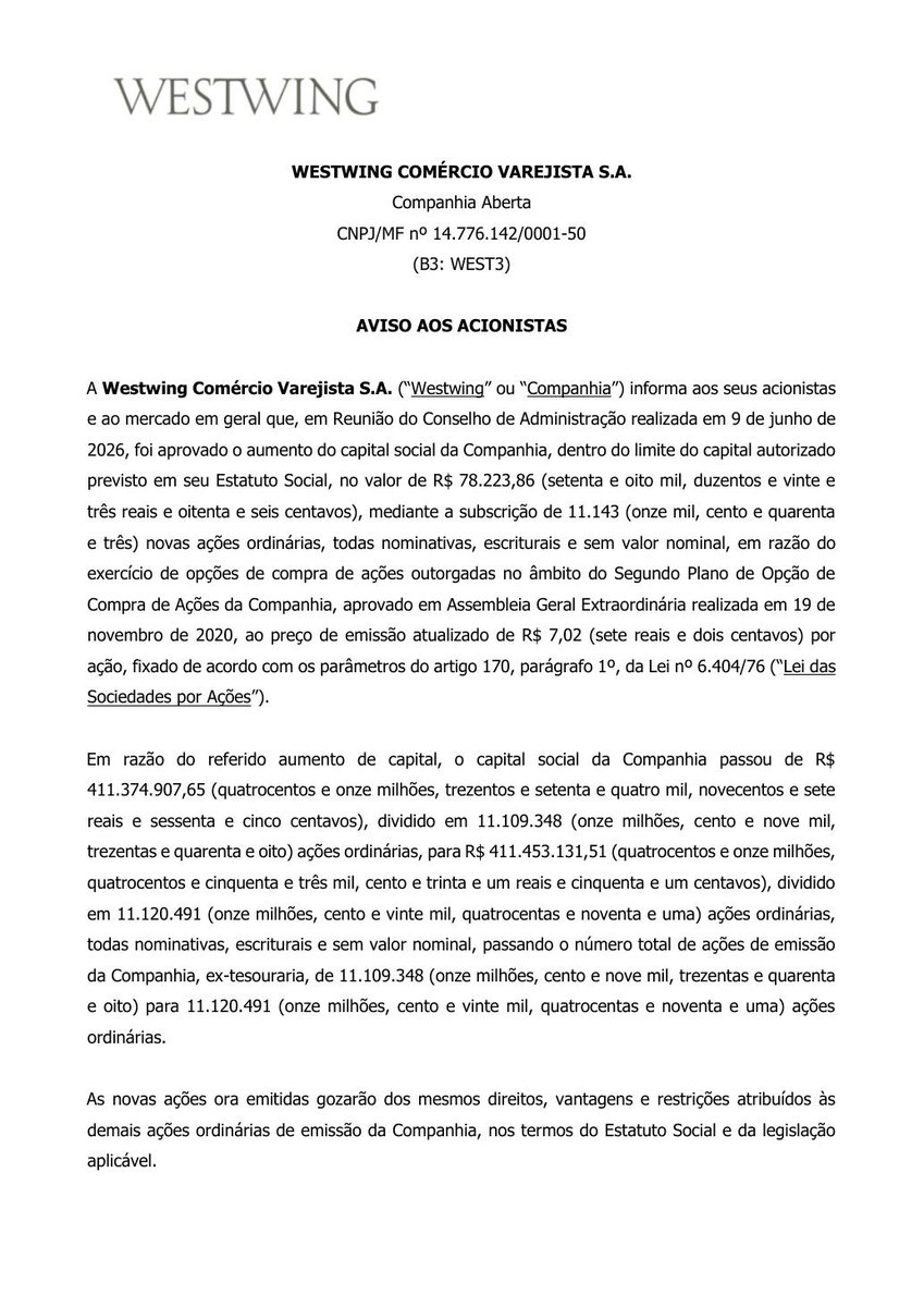 AvisosDaBolsa's tweet photo. WESTWING COMERCIO VAREJISTA S.A. - #WEST3 https://t.co/0jSNmpQ7rA