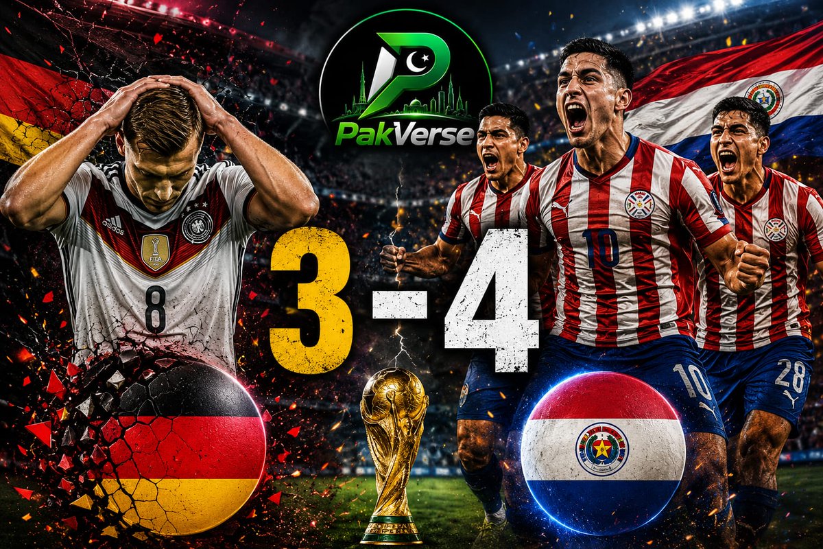 PakVerseMedia's tweet photo. SHOCK AT THE WORLD CUP! 🚨
Four-time champions Germany are OUT — stunned on penalties by underdogs Paraguay (ranked 34th)! 😱⚽
Three straight tournaments without a quarterfinal. The Mannschaft's nightmare continues. 💔🇩🇪
#Germany #fifaWorldcup2026 #Eliminate #paraguay https://t.co/fbkXMXkwsW