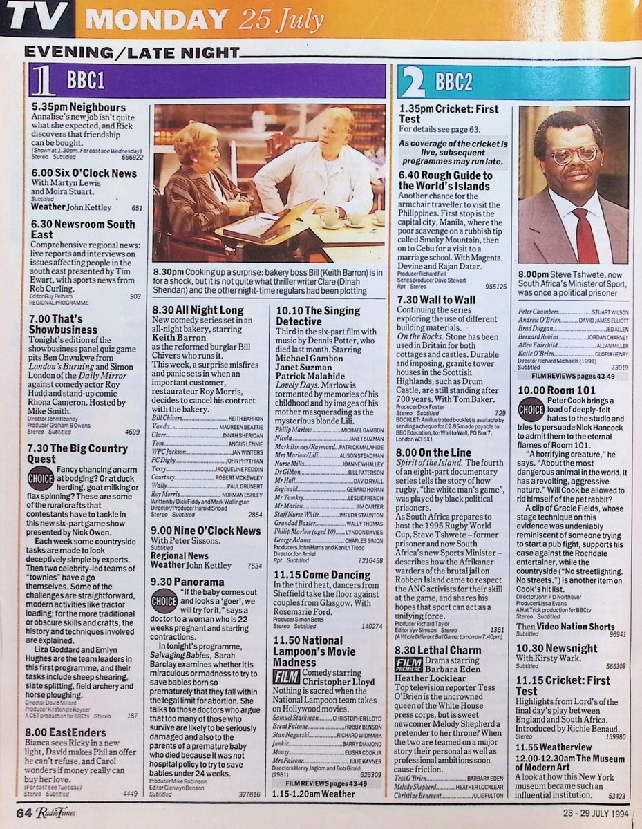 TvDidYouSee's tweet photo. #OnThisDay 25 July 1994 📺TV Listings
#RoyHudd plays THAT'S SHOWBUSINESS.
Bianca sees Ricky in a new light in #EastEnders.
Will Rita stay silent in #CoronationStreet?
#PeterCook banishes his pet hates to ROOM 101.
#KeithBarron in ALL NIGHT LONG and #TimothySpall as FRANK STUBBS. https://t.co/kt33XI2hBC