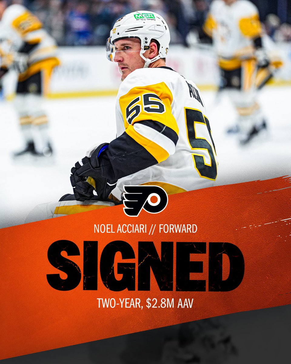NHLFlyers's tweet photo. OFFICIAL: We have agreed to terms with forward Noel Acciari on a two-year contract worth an average annual value (AAV) of $2.8 million.