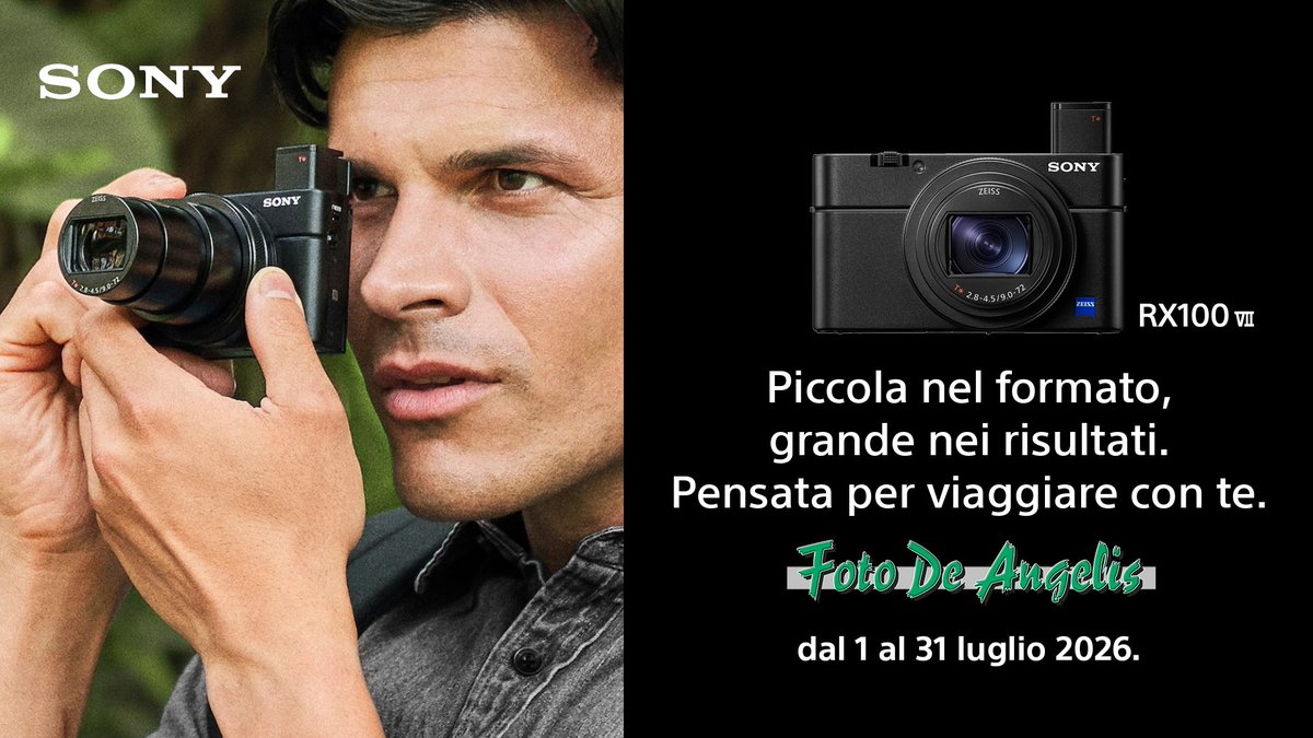 fotodeangelis's tweet photo. 📷 𝗦𝗼𝗻𝘆 𝗥𝗫𝟭𝟬𝟬 𝗩𝗜𝗜 𝗶𝗻 𝗽𝗿𝗼𝗺𝗼!

Mettila nel carrello e ottieni subito 𝟭𝟬𝟬€ 𝗱𝗶 𝘀𝗰𝗼𝗻𝘁𝗼 al checkout. 🔥

Zoom 24-200mm, AF rapidissimo, Eye AF e video 4K.

Dettagli: https://t.co/u0y1oJSWnh
Acquista: https://t.co/5fVtS8XTeW
#Sony #RX100VII #FotoDeAngelis https://t.co/ha2o1JbSsV
