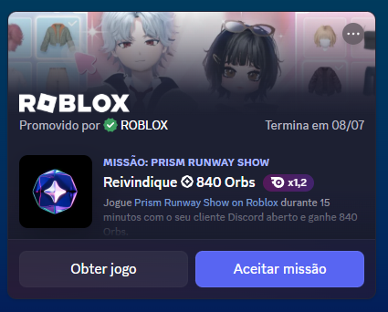 BrunoFerme's tweet photo. Nova missão da Roblox no Discord! Desta vez, é o jogo "PRISM RUNWAY SHOW", onde o utilizador deve jogar por 15 minutos, para ter a oportunidade de ganhar 700 orbes (840 se possuir a assinatura Nitro), na qual permite comprar decorações de perfil e itens do Discord. https://t.co/hD6jSAXR3V