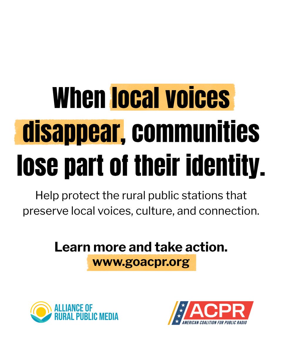 RuralPMAlliance's tweet photo. When local stations shutter, communities lose trusted local voices

The Rural Radio Resiliency Fund would help protect the stations, preserving local stories, culture, and connection.

Learn more and take action: https://t.co/pfMXbtn86N https://t.co/wRCGkgY0tc