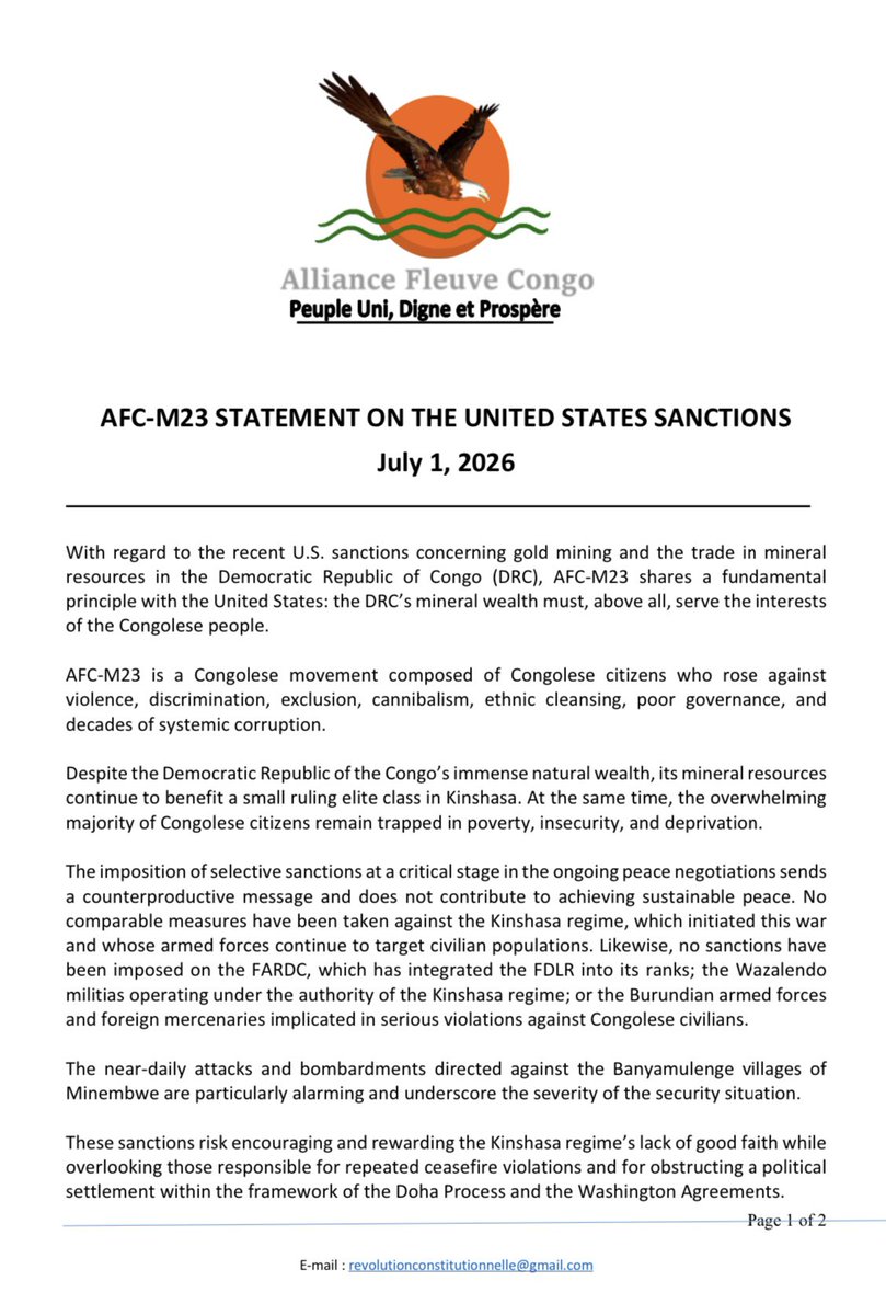 LawrenceKanyuka's tweet photo. DÉCLARATION DE L'AFC-M23 SUR LES SANCTIONS DES ÉTATS-UNIS
1er JUILLET 2026 ⤵️ https://t.co/MsDzD7BLjP