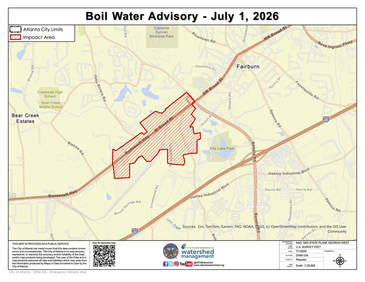 ATLWatershed's tweet photo. The City of Atlanta Department of Watershed Management has issued a boil water advisory for Fairburn and South Fulton residents and businesses on Roosevelt Highway and Bohannon Road, following a power outage at the Adamsville Pump Station.

(1/7)

#ATLDWM #ATLWatershed https://t.co/AFv6hd7U4R