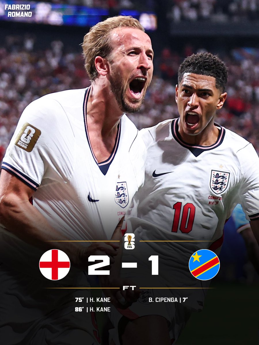 FabrizioRomano's tweet photo. 🌎🏴󠁧󠁢󠁥󠁮󠁧󠁿 ENGLAND BEAT RD CONGO AND FLY TO WORLD CUP ROUND 16!

Brace for Harry Kane beating Pele’s goals record with 12 👑

Proud Congo performance once again 👏🏽🇨🇩 https://t.co/4GALURPta8