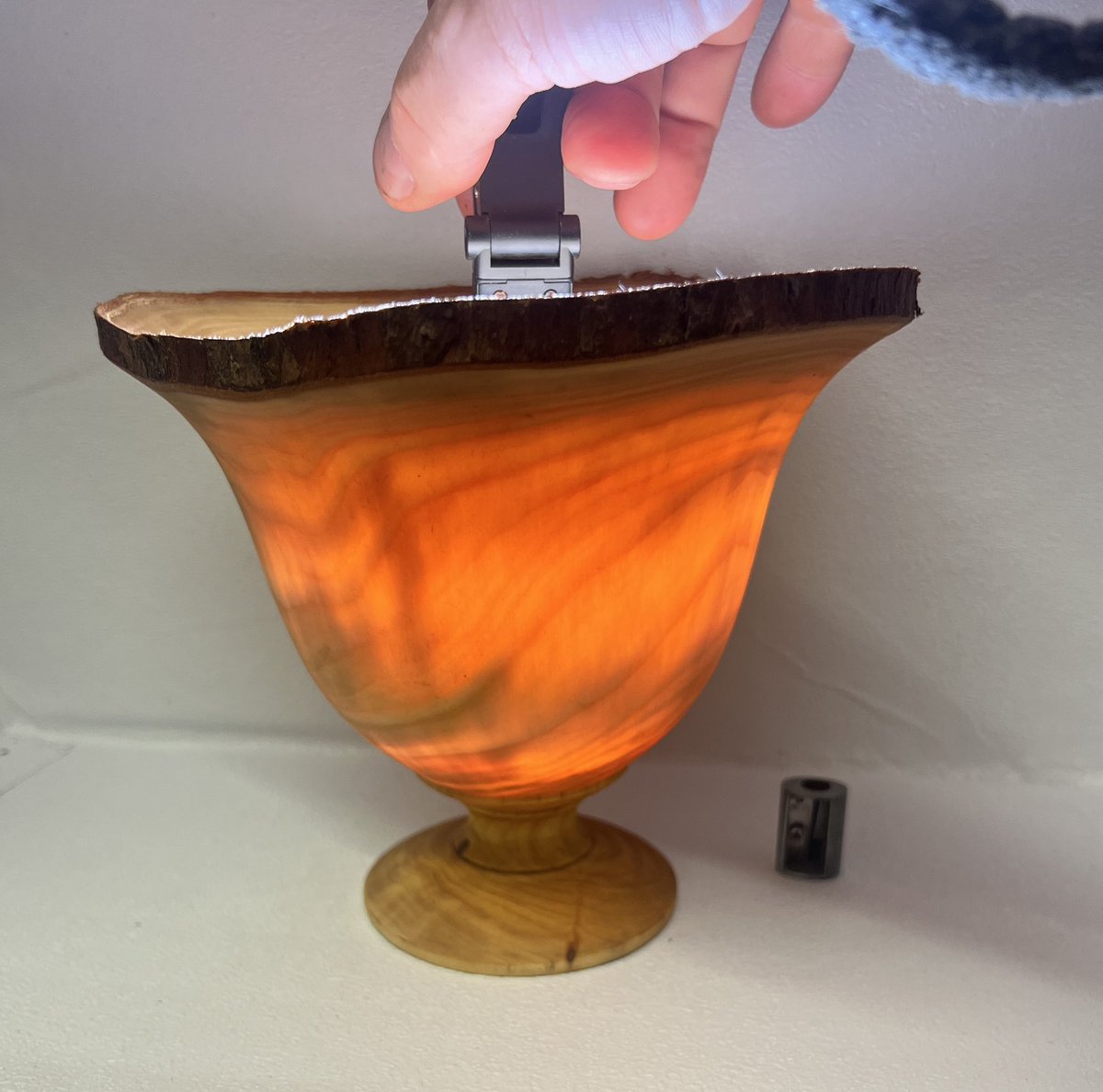 AndyWoodturner's tweet photo. Natural edged vase form in Leyland Cypress. 
8” D by 7”H
Available. DM for details https://t.co/r8FvsVEh6m