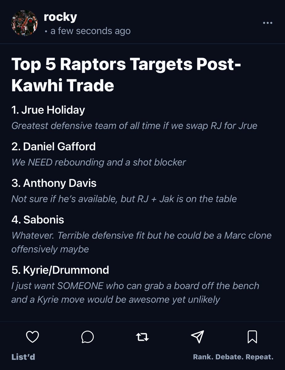 RockyUpNorth's tweet photo. My Top 5 Targets for the Raptors now that we have Kawhi

@RankOnListd https://t.co/RNWgs6OSHn