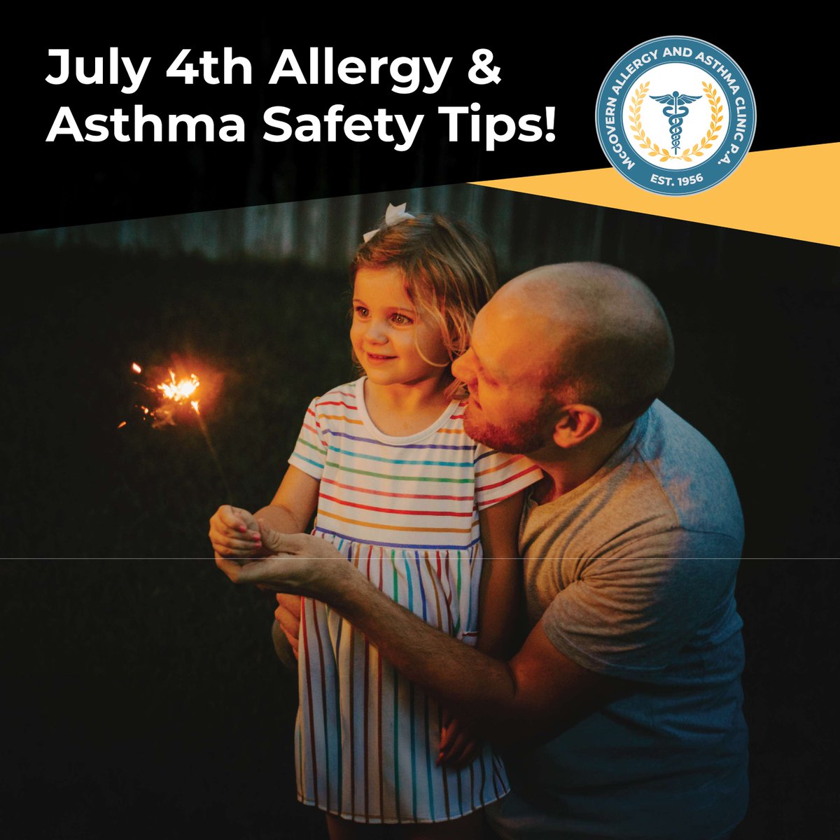 mcgovernallergy's tweet photo. 🇺🇸🎆 Fireworks smoke, pollen, heat, humidity, and insect stings can trigger allergy and asthma symptoms this July 4th. Keep your rescue inhaler handy, check air quality, stay hydrated, and avoid smoke when possible. Enjoy a safe and healthy holiday! #McGovernAllergy https://t.co/ndbO4N7i2w
