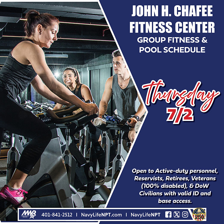 NavyLifeNPT's tweet photo. Thursday's Group Fitness Schedule at the John H. Chafee Fitness Center
9 - 10 am Zumba
10:15 - 11 am LES MILLS BODYPUMP™
4:30 - 5:30 pm Bootcamp
4:30 - 5:30 pm Cycle
Pool reopens 6/4, hours: 6 am - 2 pm
#NAVSTANPTMWR #NavyLifeNPT #ZumbaClass #BodyPump #CycleClass #PoolHours https://t.co/dhhydZP9I7