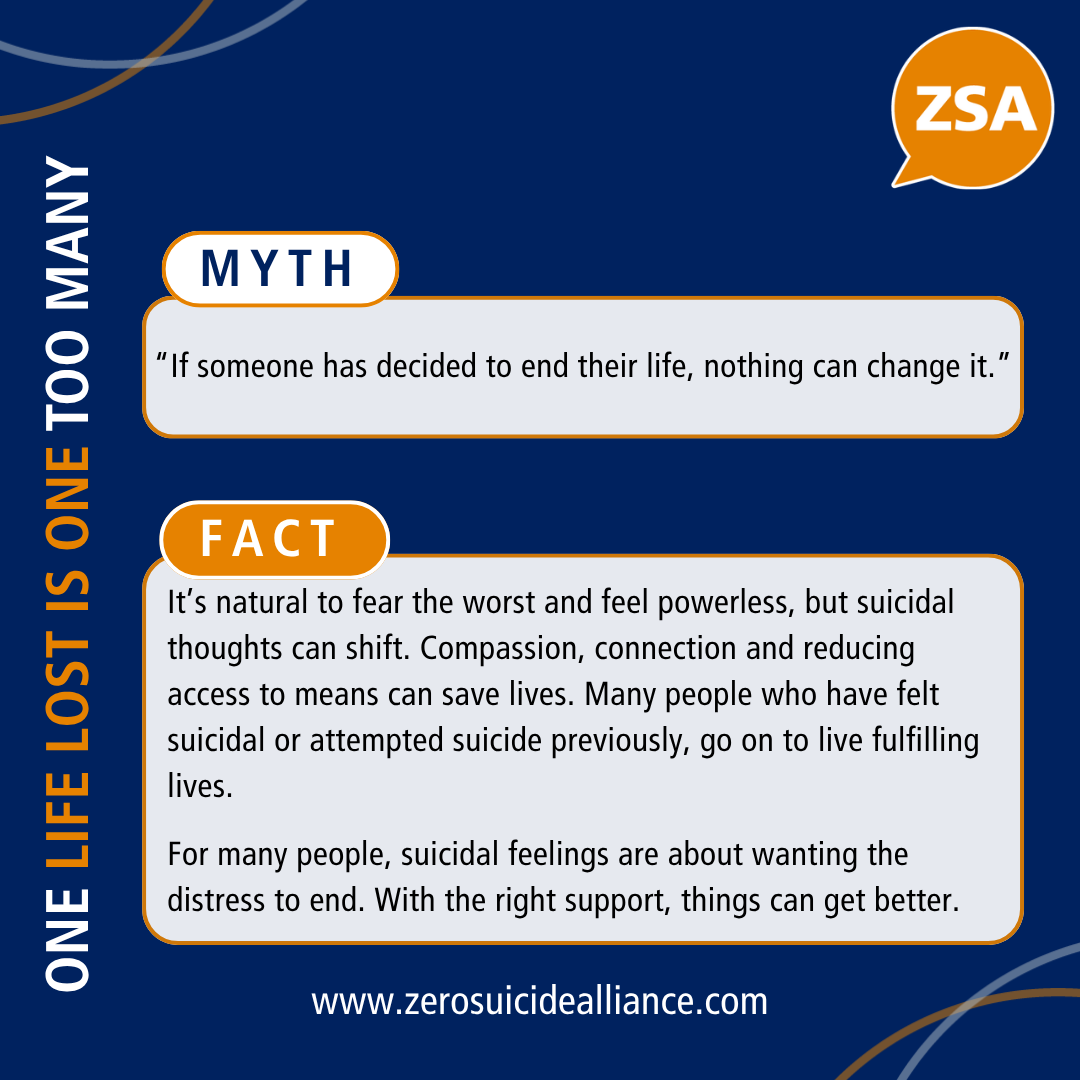 Zer0Suicide's tweet photo. We're often asked about this when we're talking to people. 

It’s easy to feel helpless when someone is struggling, but suicidal thoughts aren’t a final decision. 

With understanding and the right support, many people find relief, stability and hope again. 

#SuicidePrevention #SuicideAwareness #BreakTheStigma #MythBusting #MentalHealthAwareness #PublicHealth #EndTheStigma