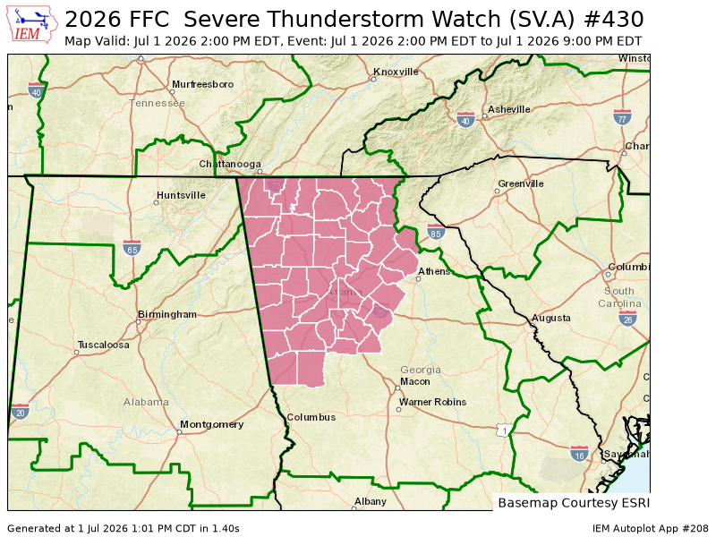MurrayCountyPS's tweet photo. FFC issues Severe Thunderstorm Watch for 44 counties in [GA] till Jul 1, 9:00 PM EDT https://t.co/QPDUt2ICN6 https://t.co/tmXnKOEeji