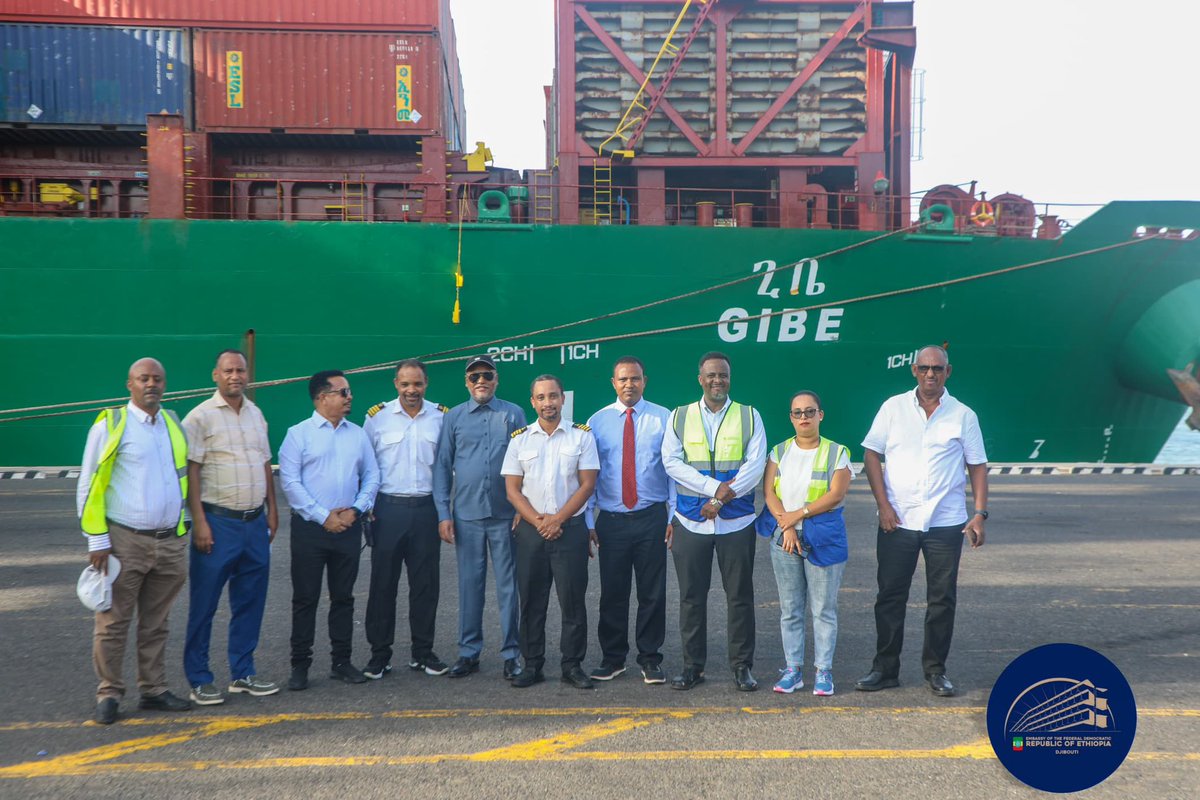 ETEmbassyJIB's tweet photo. H.E. AMB Legesse Tulu welcomed Ethiopian-owned ship “GIBE” at the Port of Djibouti. The vessel arrived safely following an extended stay at sea amid recent dev’ts in the Middle East. Along with Embassy staff &amp; #EMTS officials,He extended a warm welcome to z ship's crew members. https://t.co/8WgY7VYlz7