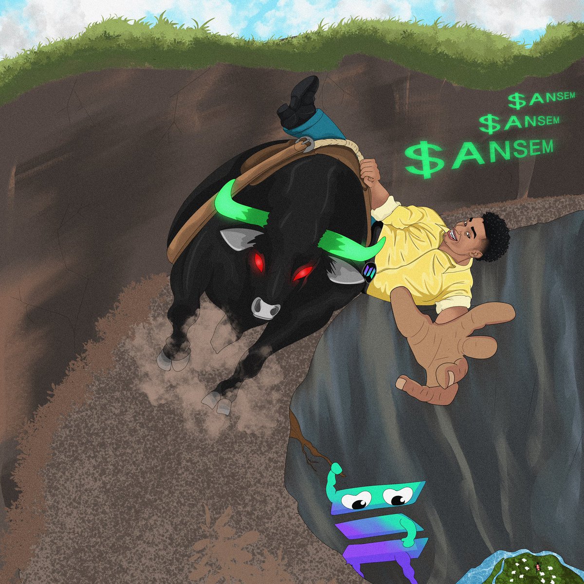 Spencer_de_Noob's tweet photo. Saw all the ANSEM airdrops and figured I'd shoot my shot the only way I know how...

👉🏾Fan art.

The idea: Ansem leading the charge and reaching down to bring another community member along.

Hopefully this catches your eye, @blknoiz06. I'd love to become one of the $ANSEM holders. 🙏🏽