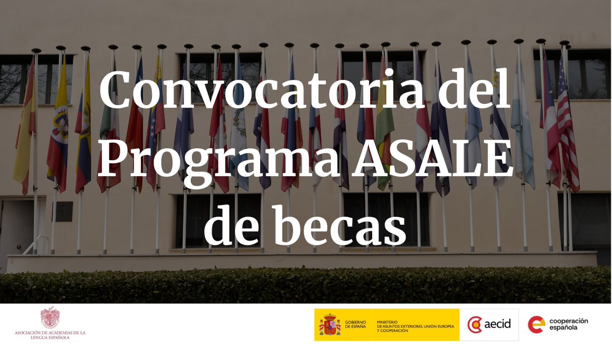 RAEinforma's tweet photo. 📢 Abierta la convocatoria del Programa ASALE de becas, con el apoyo del MAEUEC-AECID, de formación y colaboración para realizar el máster de la Escuela de Lexicografía Hispánica y una estancia de colaboración formativa en las sedes de las academias.

Consulte toda la información: https://t.co/YYEcbrF5Lj.

@MAECgob
@AECID_es