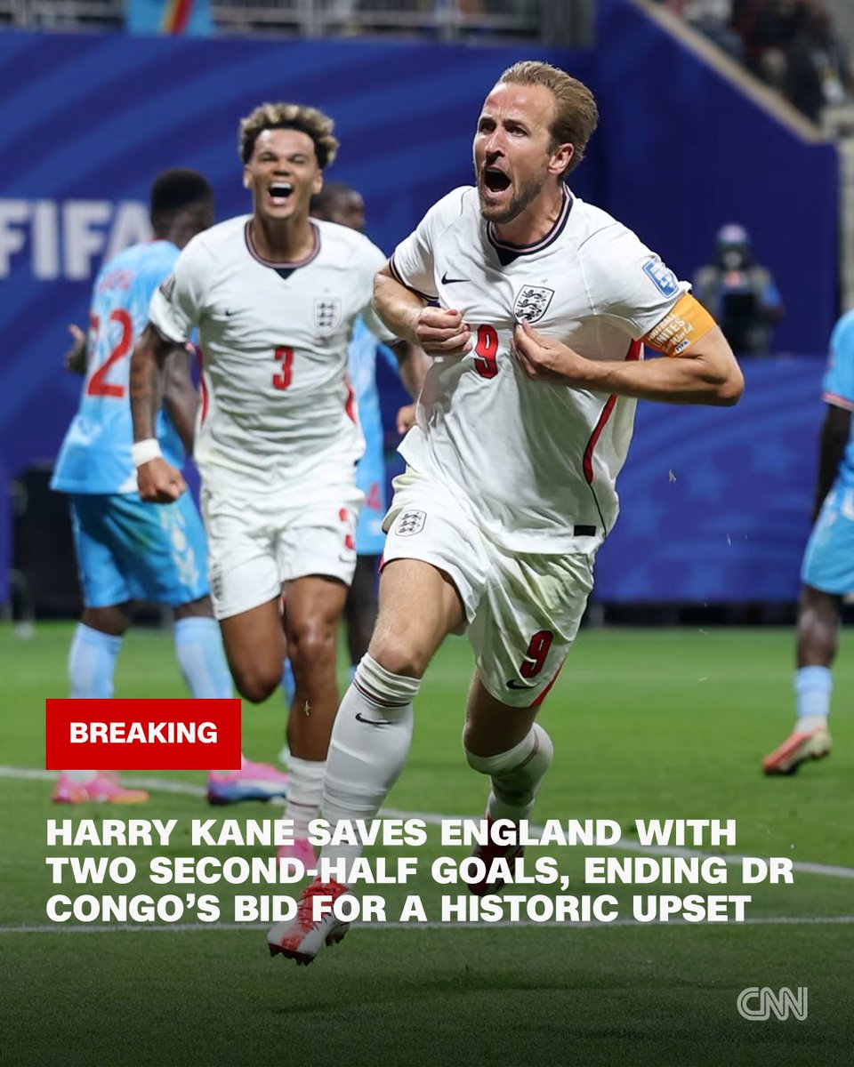 CNN's tweet photo. Harry Kane's two goals rally England from an early deficit to avoid huge World Cup upset by the Democratic Republic of the Congo. https://t.co/CmxXmKV7SI https://t.co/HhCeFoOnWy