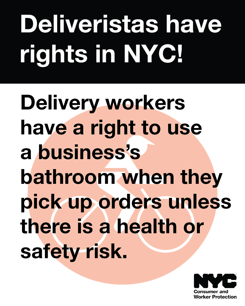 helloDCWP's tweet photo. NYC Business Owners: Delivery Workers have a right to bathroom access!

Unless there is a safety or health risk, it's a violation to deny bathroom access to delivery workers picking up an order.

Learn more at https://t.co/XN5y5p3vs9 https://t.co/CWTYsP3ISA
