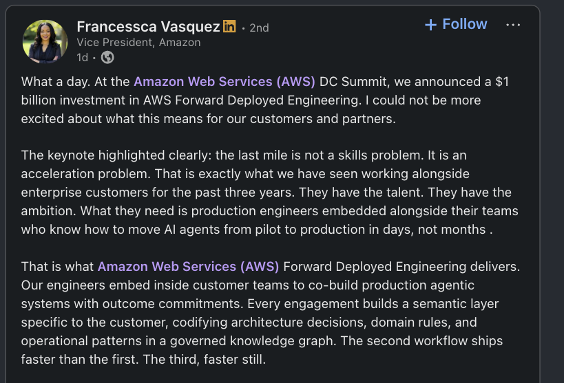 iHarnoorSingh's tweet photo. now AWS is also putting $1B into Forward Deployed Engineering fund to hire FDEs

crazy time to learn solutions engineering, sales, marketing and AI engineering all together right now!! https://t.co/Xu2RNqTnzG