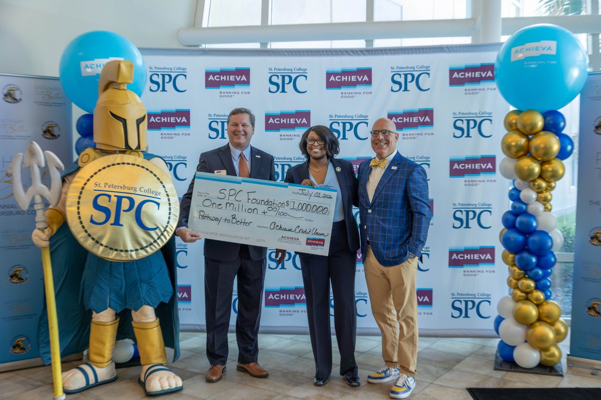 spcnews's tweet photo. Today, @AchievaCU and Eric Jenkins presented SPC with a $1 million gift to our Centennial Campaign! Thank you, @AchievaCU for your partnership and deep commitment to workforce readiness and student success. https://t.co/vrRcAYOHuz