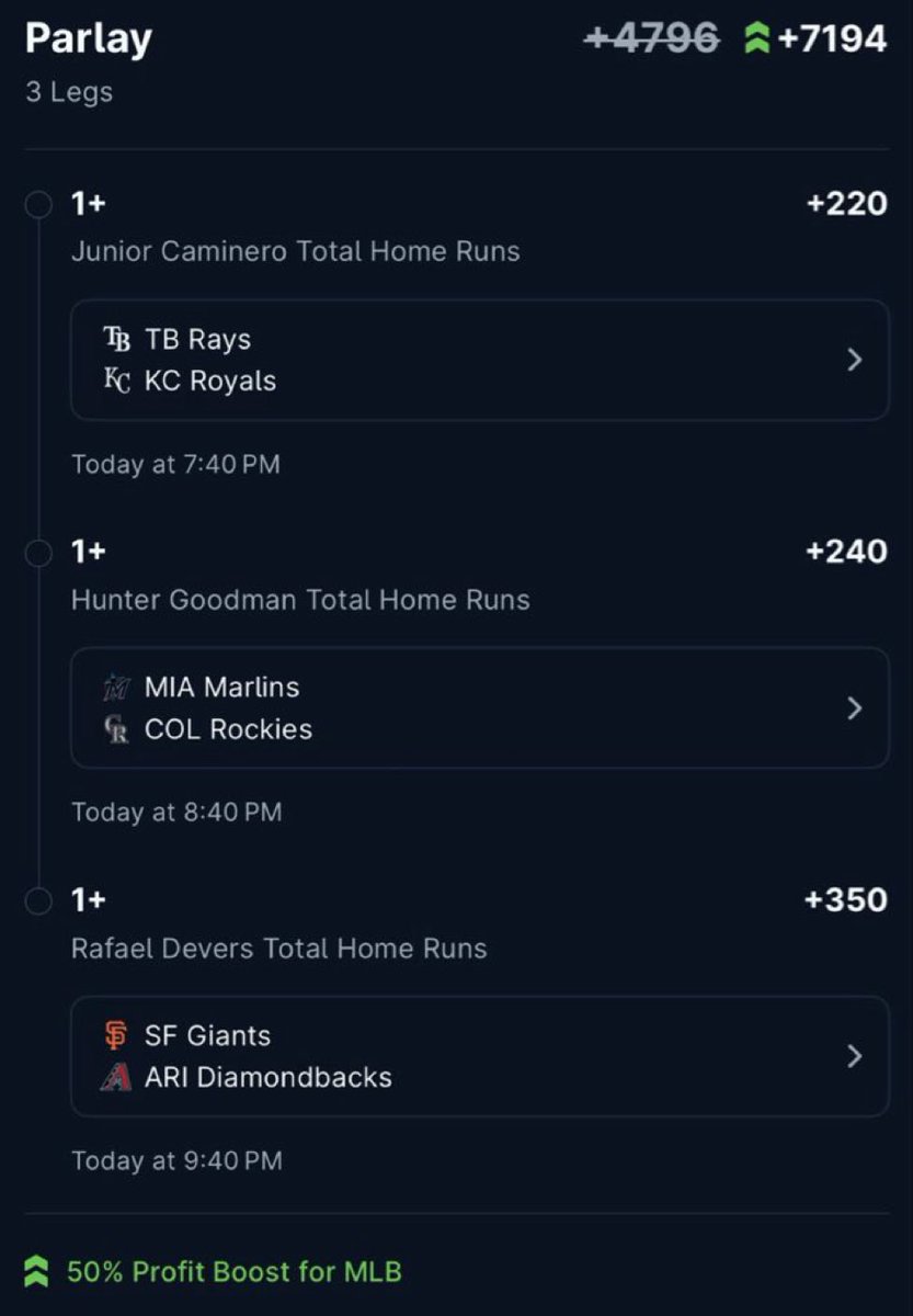 Real_raymac's tweet photo. 🚨 HR Parlay Locked In 🚨

Rolling with a 3-leg home run parlay tonight:

#MLB #SportsBetting #HomeRun #Parlay #Baseball #MLBPicks #BettingTips #SportsPicks #WinningBets #GamblingTwitter #BetSlips  #BaseballBetting https://t.co/Z740947sWT