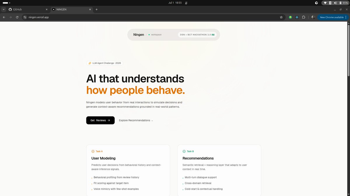 _theoyee's tweet photo. We didn’t win the DSN × BCT Hackathon,
but building Ningen, 
an AI agent for user behavior modeling (can also give mirror user response in pidgin) was the push I needed.

The real work begins now.

check it out now👇
https://t.co/y2iNO6Q73L https://t.co/dNfgK0Tc1z