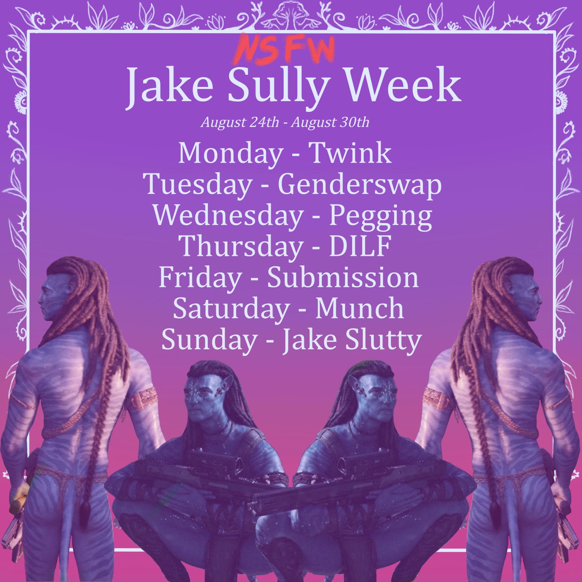 Peachy_cocktail's tweet photo. Hey perverts! Jake Sully week begins August 24th (Jake's birthday!) I hope you'll choose to participate by sharing any fanworks (Art, fanfic, edits, headcanons, etc.) celebrating our favorite DILF Jake Sully
We'll be using #JakeSullyWeek starting August 24th through the 30th https://t.co/CEyB9CG4gb