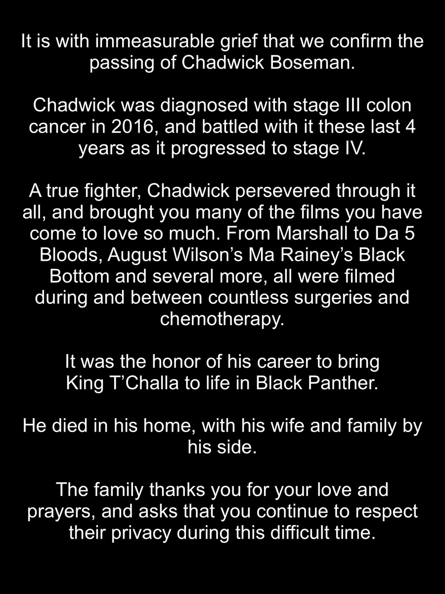 anishmoonka's tweet photo. The most-liked post in the platform's history went out on a Friday night in August 2020. It came from Chadwick Boseman's own account. His family had posted a short statement confirming that he had died at 43.

He had been keeping a secret for four years. Boseman was diagnosed with colon cancer in 2016, the same year he first played Black Panther. Over those four years the cancer spread from stage 3 to stage 4, and he kept working the whole way through.

Look at what he filmed in those four years. Black Panther, which made more than 1.3 billion dollars around the world. Avengers: Infinity War and Endgame, which each made more than 2 billion. Marshall. 21 Bridges. Spike Lee's Da 5 Bloods. And his last film, Ma Rainey's Black Bottom, which won him a Golden Globe and a Screen Actors Guild award after his death, plus an Oscar nomination he never got to see. All of it filmed between surgeries and rounds of chemo.

Only a handful of people knew, mostly his agent, his business partner, and his trainer. Most of his co-stars had no idea. Neither did the studio. He bulked up to play a king, then dropped the weight for other roles, all while his body was fighting a disease nobody could see. On 21 Bridges, a film he was also producing, he wanted Sienna Miller as his co-star, and when the studio would not meet her salary, he quietly paid the difference himself. He did that while sick.

Then came April 2020. He posted a video about getting meals to hospitals during the pandemic, and he looked thin and worn down. People made memes. Some joked that he was on drugs. He turned off the comments and started deleting photos. Four months later, everyone realized what they had really been looking at.

Within a day of the announcement, that post had more likes than any tweet ever posted. It went past 6 million. Almost six years later, it is still number one.