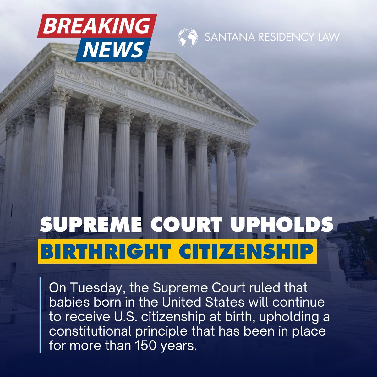 SRLawPA's tweet photo. The Supreme Court blocked President Trump’s effort to end birthright citizenship, protecting the constitutional rights of children born in the U.S. to immigrant families.

#BirthrightCitizenship #ImmigrationLaw #USCitizenship #ImmigrationNews https://t.co/vEDXiyPopu