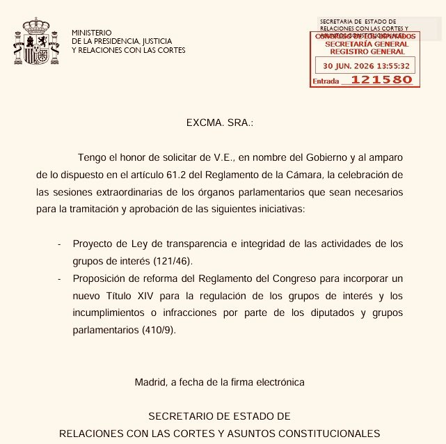 FloresJuberias's tweet photo. Ojo al parche!

Terminado el periodo ordinario de sesiones, el Gobierno se dirige a la Presidenta del Congreso para informarle de qué asuntos inaplazables se le han quedado pendientes, y  necesitan ser abordados sin falta en una sesión extraordinaria.

Y cuáles son esos asuntos? Alguna ley de vivienda? Algún decreto sobre atención sanitaria? Ayudas para algún sector necesitado?

Nada de eso:

- El proyecto de ley de lobbies, para saber quién habla con quien sobre qué.

- Y la proposición de ley de Esquerra, Junts y Podemos (que ni siquiera es del Gobierno !) para garantizarse grupo parlamentario propio la próxima legislatura incluso en caso de catástrofe electoral. 

Van con la… lengua fuera!