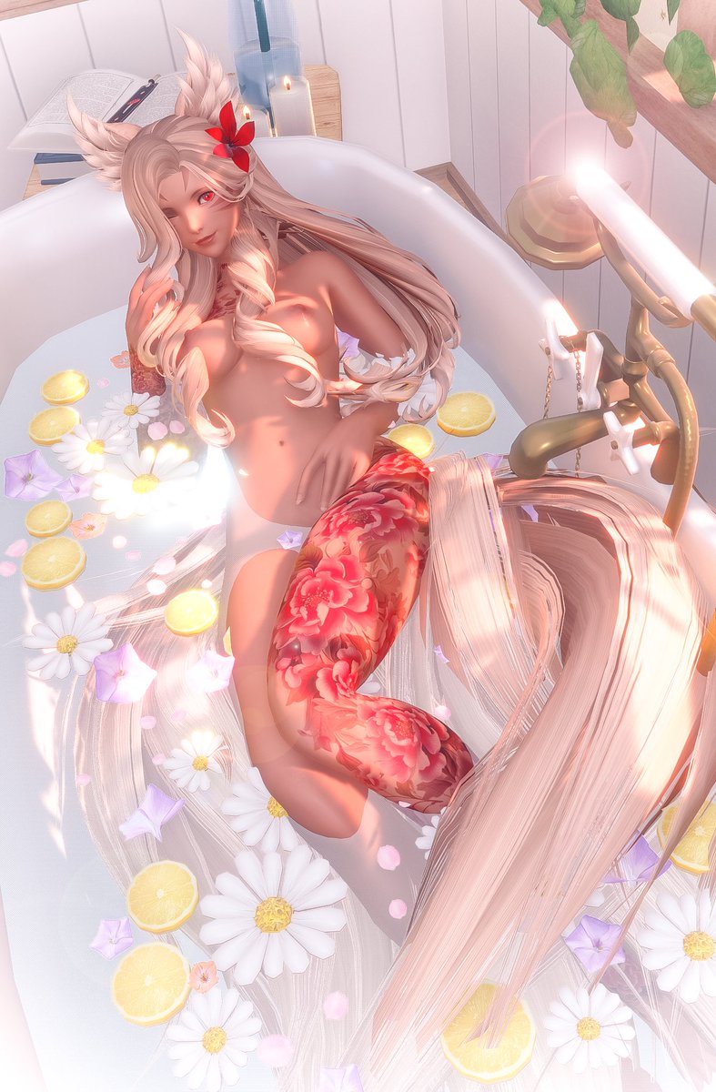KittyKintail's tweet photo. Nothing like a bath to wash away the stress of the day~ 🥰 

It does take forever to dry these tails though🤭

#ffxiv ║ #gposers ║ #miqote ║ #gpose https://t.co/PWeQ2zE9km