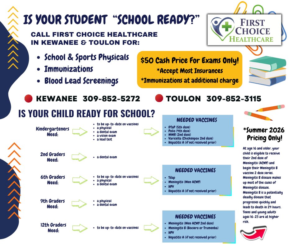 FCH_Clinics's tweet photo. @Henry StarkHD @FCH_Clinics Enjoy Summer–But Remember, it’s not too soon to start thinking about August.  School Ready exam &amp; services appointments, which are necessary, may be made contacting the First Choice Healthcare Clinic nearest you.
https://t.co/xywAb0Yp5K https://t.co/knPoVUk9rB