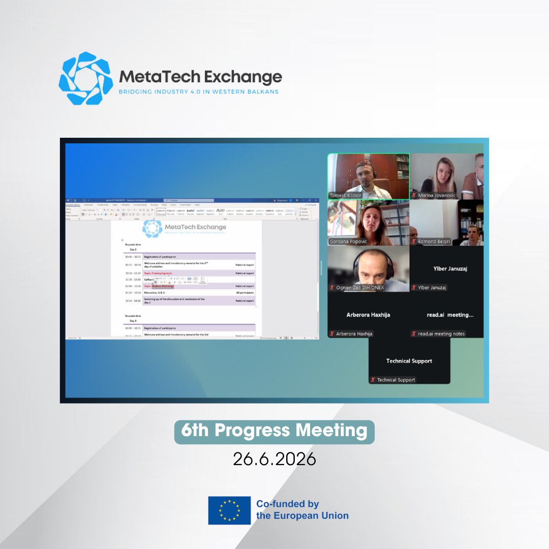 metatech4_0's tweet photo. On June 26, 2026, the project consortium gathered for its 6th Progress Meeting to review milestones for the Erasmus+ Industry 4.0 training project in Western Balkan countries. The session focused on the upcoming Training of Trainers agenda, covering Industry 4.0 tools, artificial https://t.co/XEaiRKh3lh